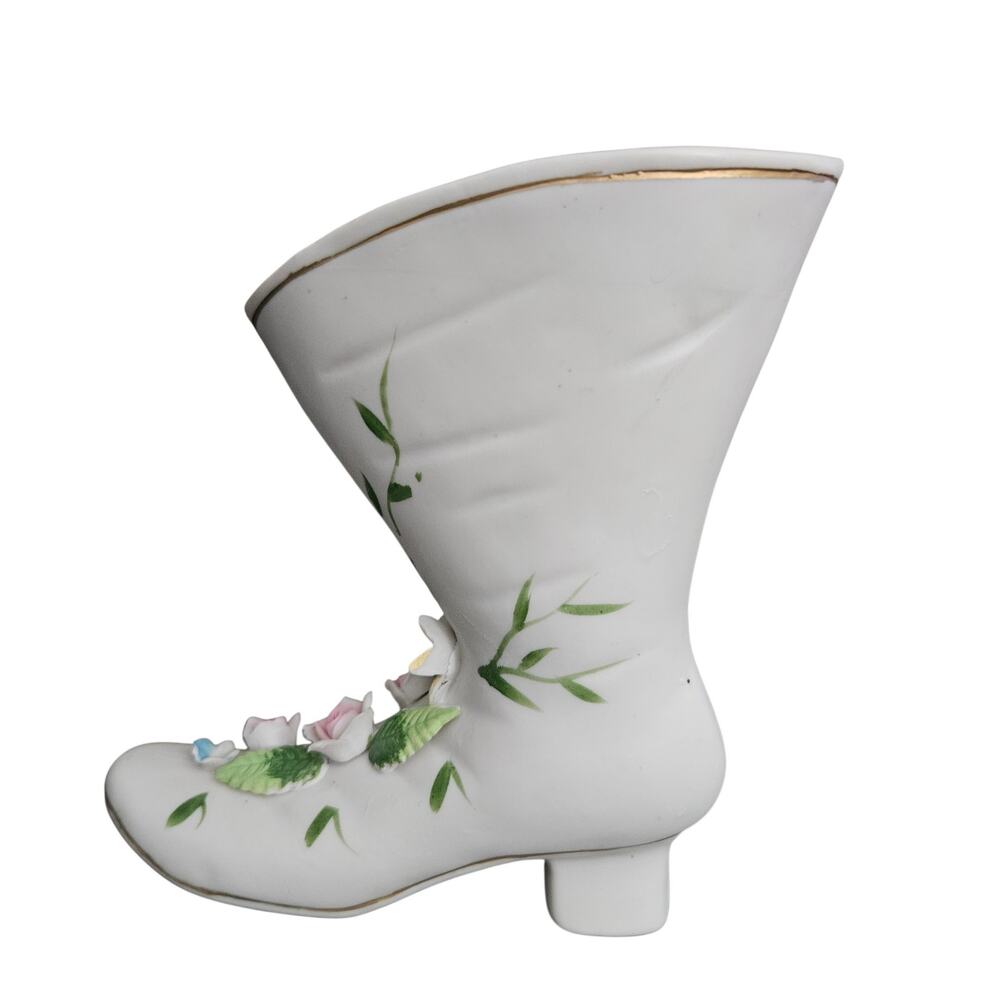 Lefton Porcelain Victorian Boot Vase Planter Applied Flowers Gold Trim Taiwan